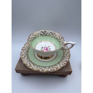 Royal Stafford Teacup and Saucer Mint Green Gold Filigree Pink Rose Bone China